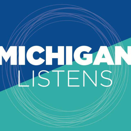 The words Michigan Listens over a background that is divided horizontally between blue and teal.